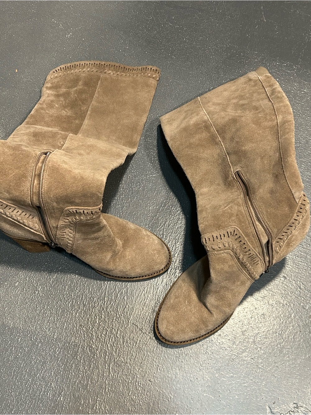 Vince Camuto Taupe Suede Knee-High Block Heel Boots - Picture 4 of 16